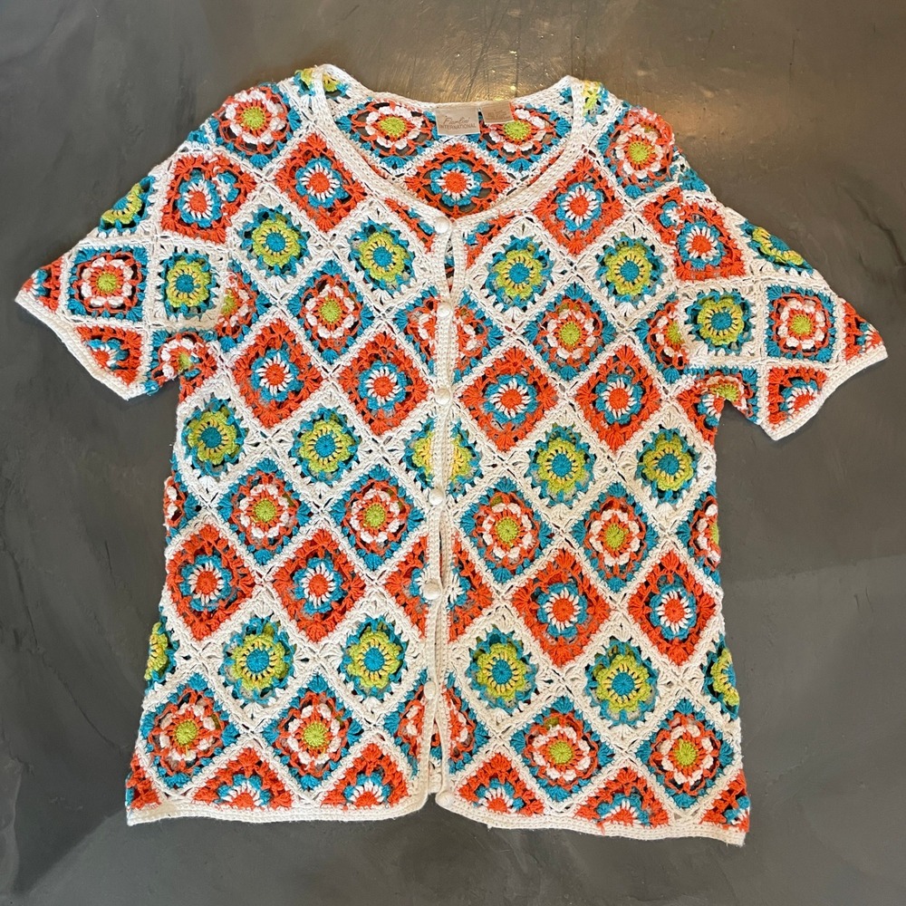 VTG Fiorlini Granny Square Crochet Cardigan Short Sleeve Top L Cottagecore FLAW